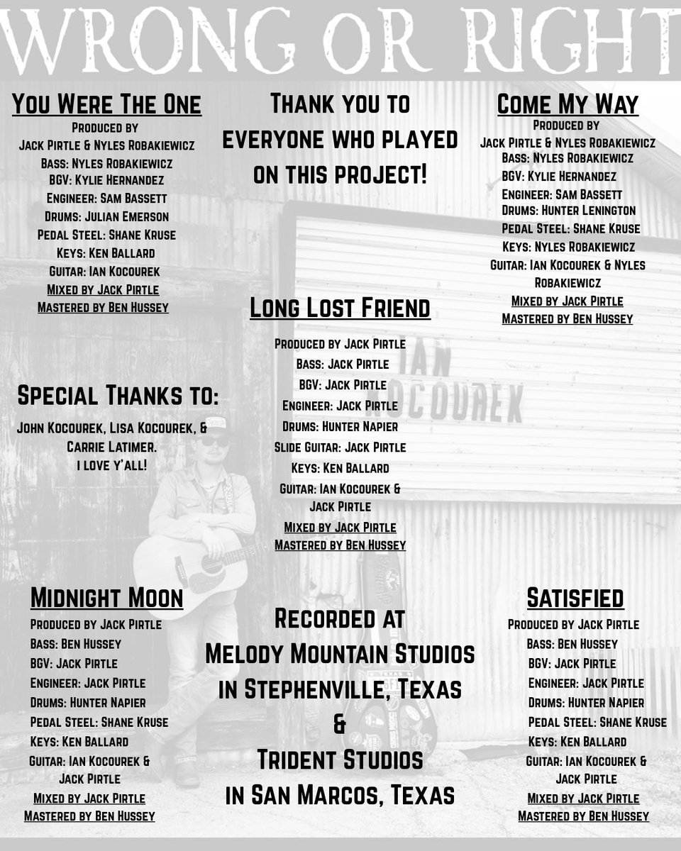 Wrong or Right available on every streaming platform.

I’m honored to have such great creatives be a part of this EP. 

Texas Music for the world.