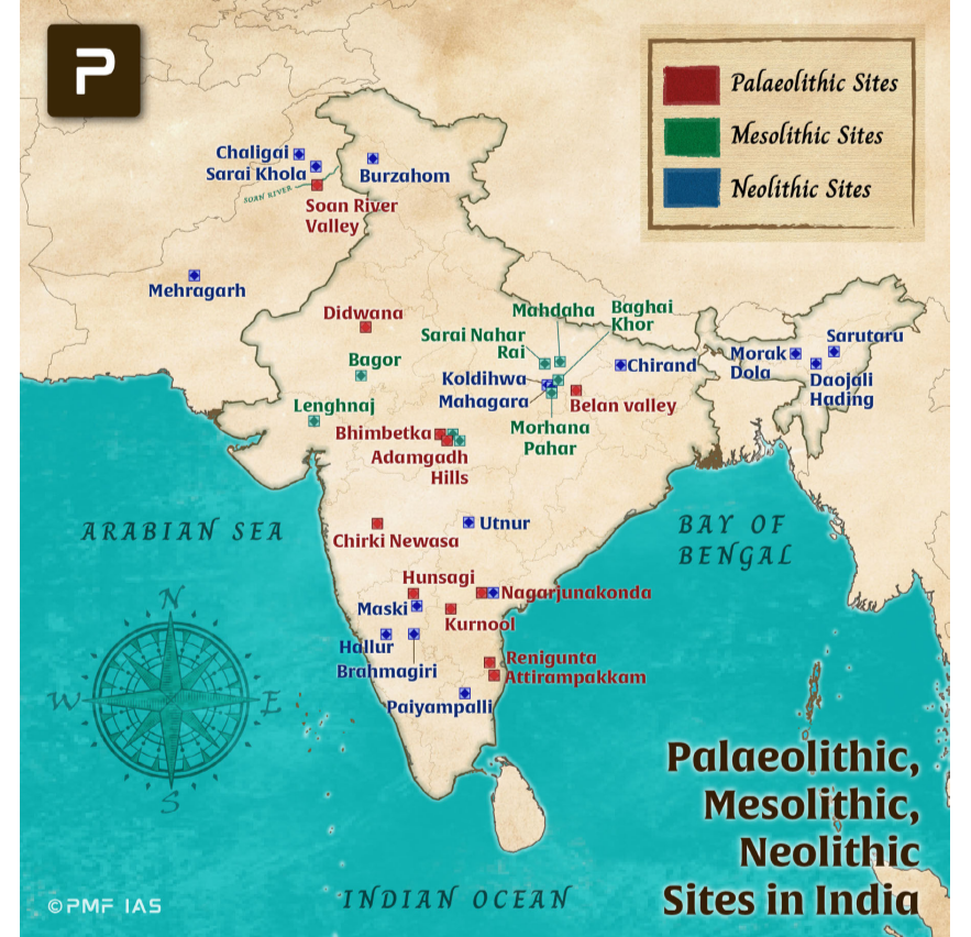 pmfias's tweet image. Explore India’s ancient past! 
📍 Map of Palaeolithic, Mesolithic &amp;amp; Neolithic sites + key facts. 

Master UPSC History with PMF IAS! 

#UPSC2025 #History #PMFIAS
