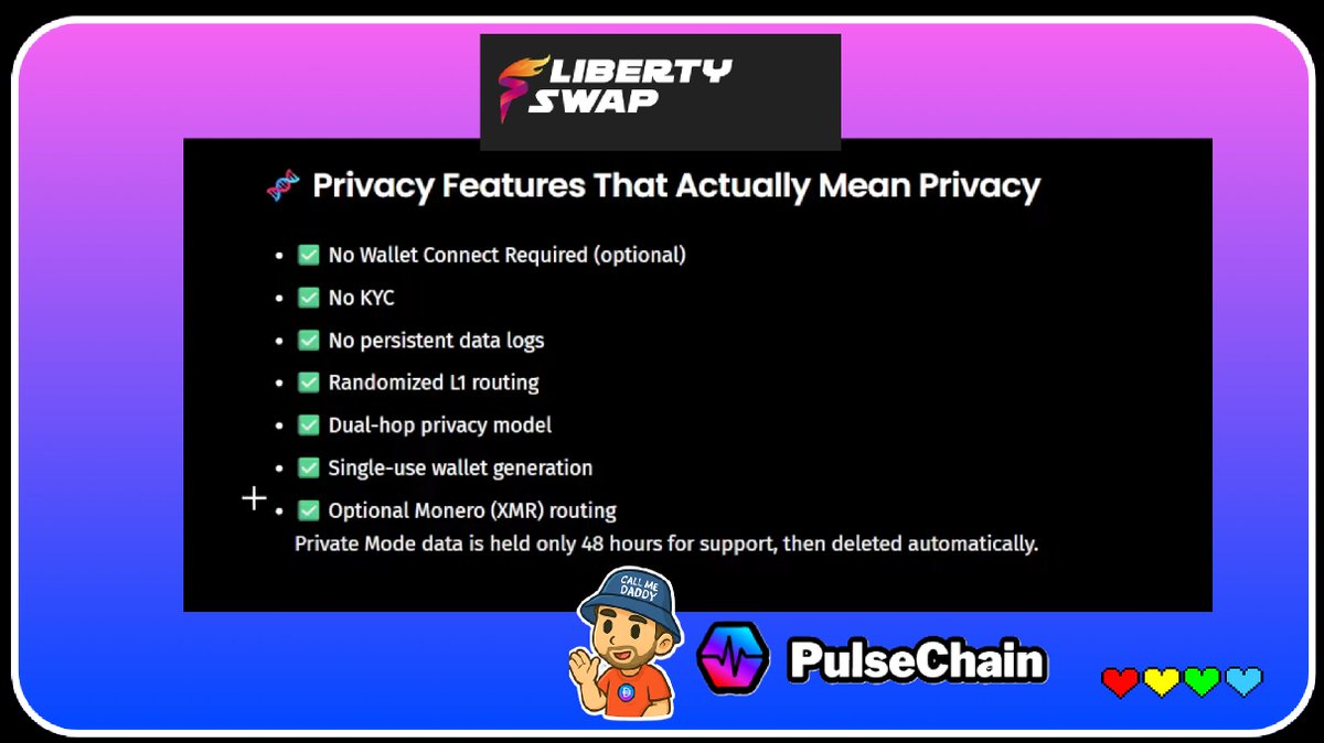 yourfriendSOMMI's tweet photo. ❤️💛💚💙

💟 Crypto's Greatest Privacy Solution is central to PulseChain. 

💡 Look at this amazing crypto tech.

LibertySwap requires No KYC, and is Crypto's Greatest Privacy Solution.

🔴 Dual-Hop Privacy Model, and 40+ Chain Support coming to randomize the transactions.

It even has Optional Monero Routing.

I wonder if there are some Giga Giant Crypto Whales who would be interested in bridging into PulseChain with this service?

🤫