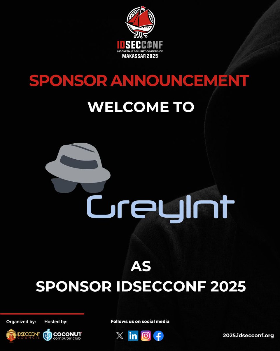 IDSECCONF (@idsecconf) on Twitter photo Kami dengan bangga mengumumkan bahwa #IDSECCONF2025 telah menerima dukungan dari Seclab.ID <a href="/SeclabId/">Seclab Indonesia</a> sebagai salah satu sponsor Acara, dan juga GreyInt.com sebagai salah satu sponsor CTF. \o/ Kami dengan bangga mengumumkan bahwa #IDSECCONF2025 telah menerima dukungan dari Seclab.ID <a href="/SeclabId/">Seclab Indonesia</a> sebagai salah satu sponsor Acara, dan juga GreyInt.com sebagai salah satu sponsor CTF. \o/
