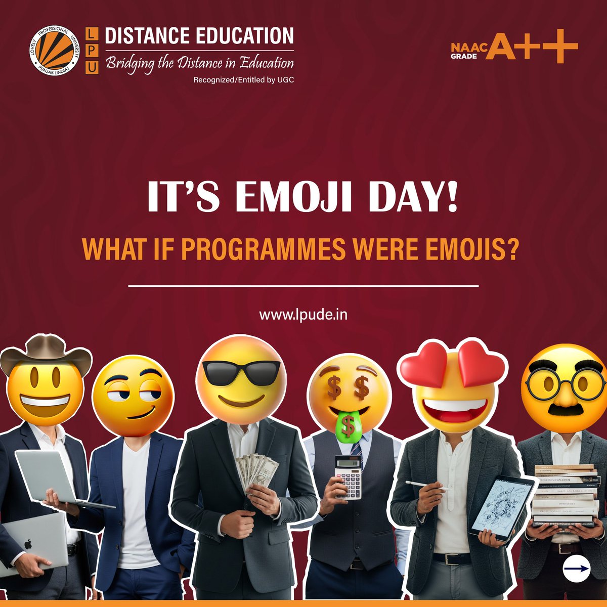 LPUDistanceEdu's tweet image. In this digital world, words may fall short — but emojis say it all!

On this  #WorldEmojiDay, we reimagined LPU Distance Education Programmes as emojis! 😎 

Share your own emoji-Programmes match in the comments and let the creativity shine!

 #EmojiFun  #FunWithEmojis…