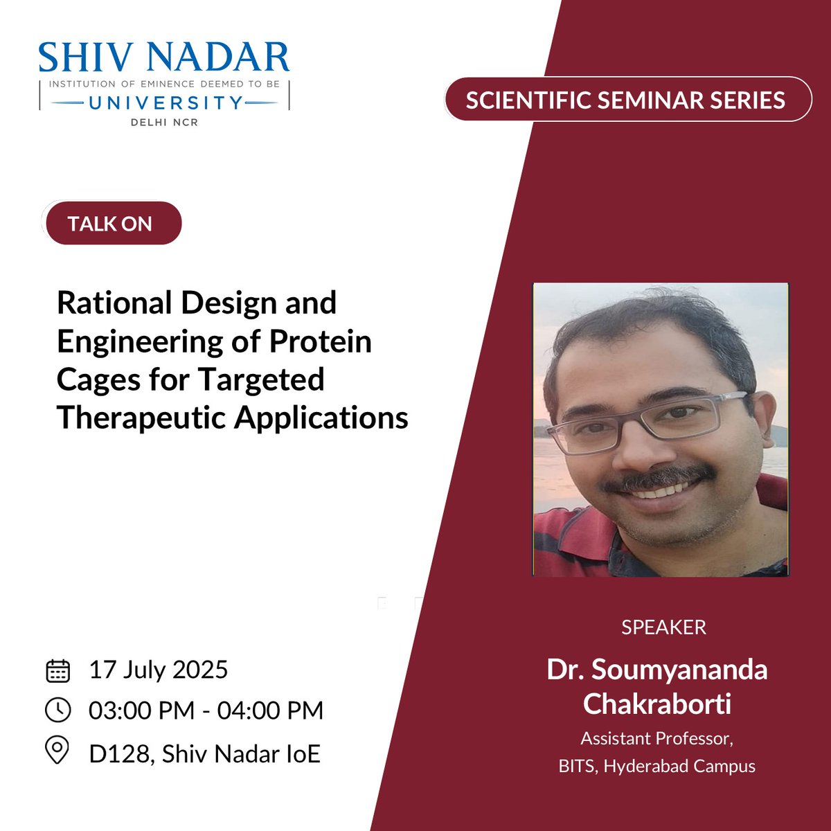 dls_snioe's tweet image. #DLSResearchSeminar 
Dr. Soumyananda Chakraborti, Ass. Prof &amp;amp; Ramalingaswami Fellow, Str. Parasitology &amp;amp; Protein engg Group, BITS-Pilani (Hyderabad) talk on &apos;Rational Design and Engg of Protein Cages for Targeted Therapeutic Applications&apos; today. Plz join us!