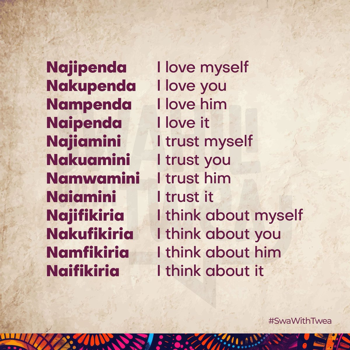 KiswahiliNaTwea's tweet image. Hamjambo
Expand your #Swahili diction with some affirmations & compliments
#SwaWithTwea