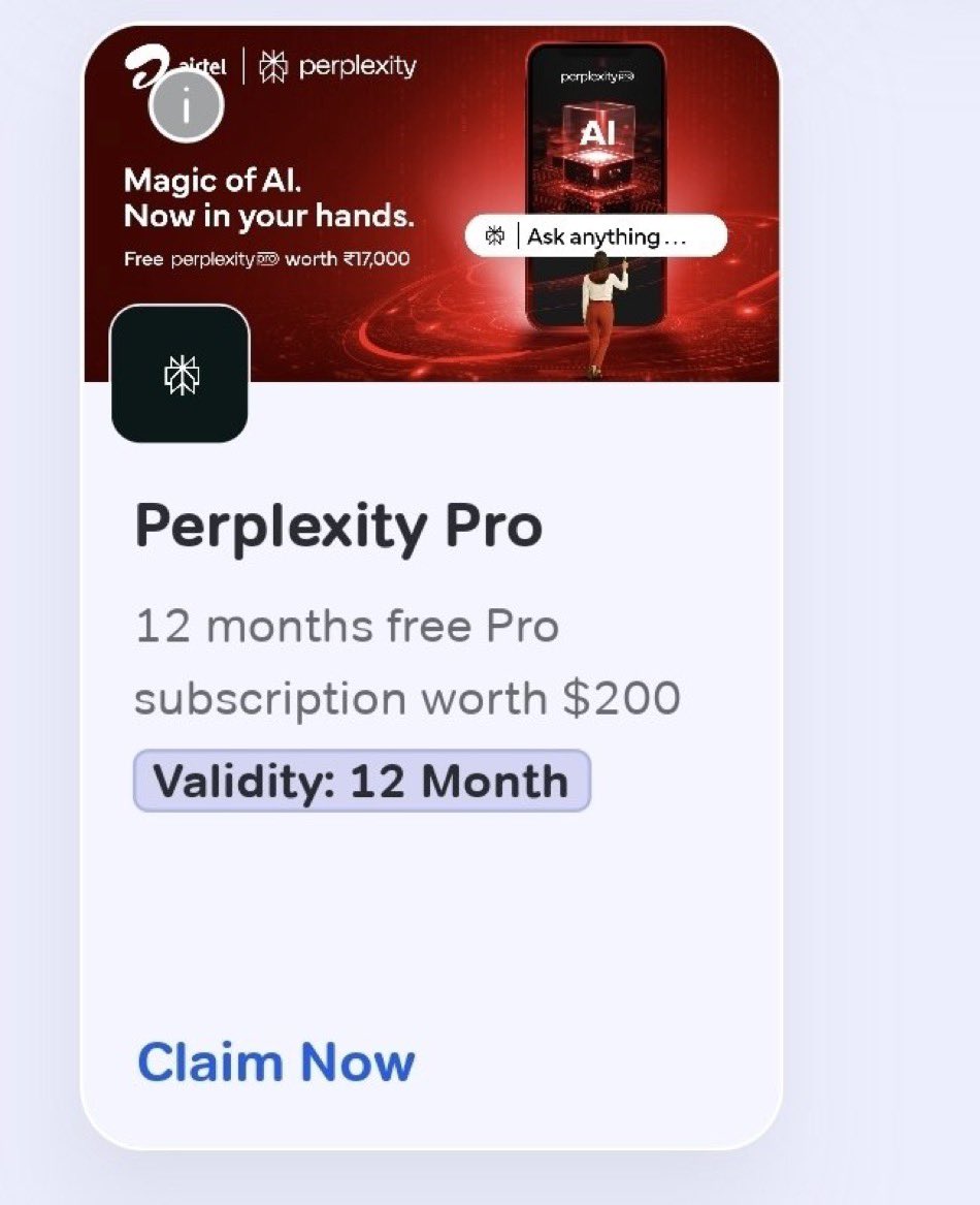 choudhary_119's tweet image. After free Apple TV & Amazon Prime subscriptions…
Now Airtel is offering free Perplexity Pro?! 🤯
Absolutely crazy stuff from Airtel lately 🙌🫡🥳
Who needs paid AI when your phone plan just leveled up to genius mode? 🔥📱💡