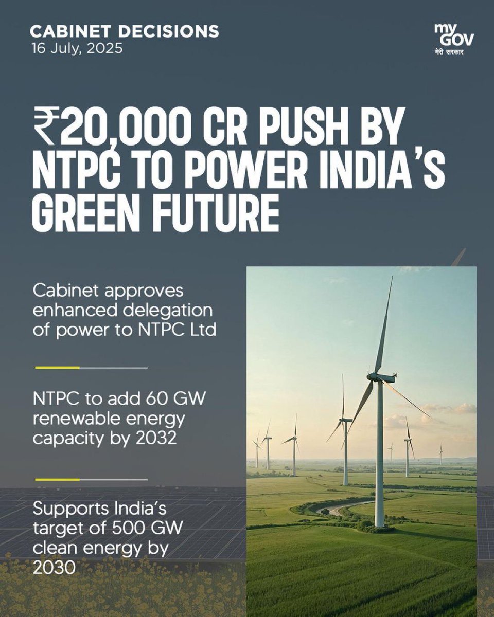 Pralhad Joshi (@joshipralhad) on Twitter photo In a major push for clean energy, the Cabinet has approved NTPC’s ₹20,000 crore investment to add 60 GW renewable capacity by 2032—supporting India’s 500 GW target by 2030.
Driven by Hon'ble PM Shri <a href="/narendramodi/">Narendra Modi</a> ji’s visionary leadership, India is powering ahead towards In a major push for clean energy, the Cabinet has approved NTPC’s ₹20,000 crore investment to add 60 GW renewable capacity by 2032—supporting India’s 500 GW target by 2030.
Driven by Hon'ble PM Shri <a href="/narendramodi/">Narendra Modi</a> ji’s visionary leadership, India is powering ahead towards