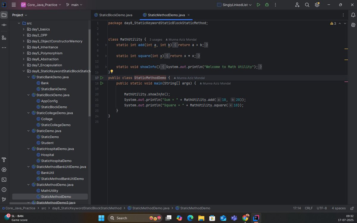 the_departed__'s tweet image. ๐ Java Learning โ #Day 8 โ
Todayโs focus: static in Java
๐น static variables (shared memory)
๐น static methods (class-level access)
๐น static blocks (executed once during class loading)
๐น Real-world usage in utility & constants
#Java #StaticKeyword #100DaysOfCode #BackendDev