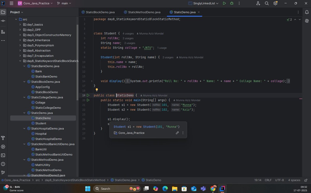 the_departed__'s tweet image. ๐ Java Learning โ #Day 8 โ
Todayโs focus: static in Java
๐น static variables (shared memory)
๐น static methods (class-level access)
๐น static blocks (executed once during class loading)
๐น Real-world usage in utility & constants
#Java #StaticKeyword #100DaysOfCode #BackendDev