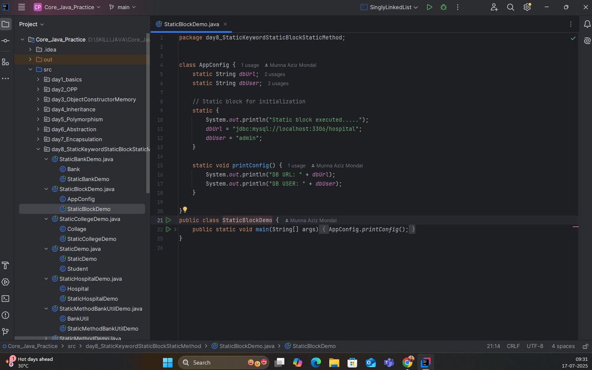 the_departed__'s tweet image. ๐ Java Learning โ #Day 8 โ
Todayโs focus: static in Java
๐น static variables (shared memory)
๐น static methods (class-level access)
๐น static blocks (executed once during class loading)
๐น Real-world usage in utility & constants
#Java #StaticKeyword #100DaysOfCode #BackendDev