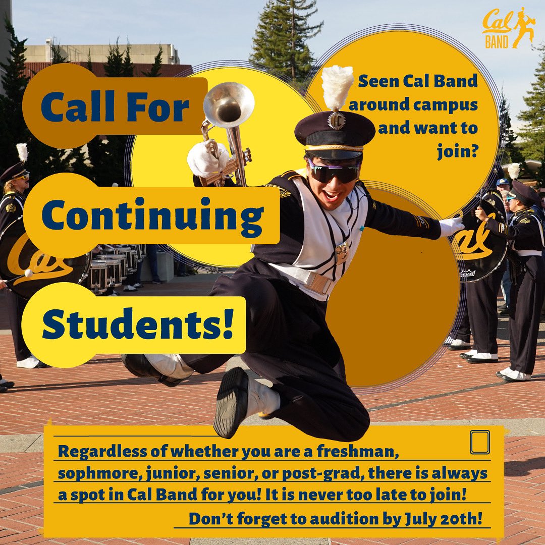 CalBand's tweet image. 🗣️ Calling all current students!
Have you seen us perform around campus and wondered, “huh, how can I join that?” Well, now’s YOUR chance!
You don’t need to be an incoming student to join Cal Band! Audition today! More information at calband.berkeley.edu/join-us/
#GoBears 🐻