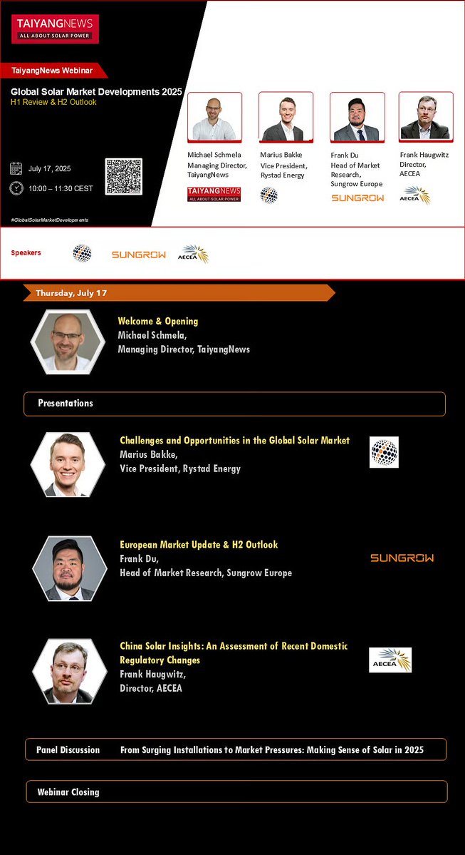 TaiyangNews - All About Solar (@taiyangnews) on Twitter photo 📢Starting in just a few hours at 10:00 AM CEST <a href="/TaiyangNews/">TaiyangNews - All About Solar</a> kicks off the #GlobalSolarMarketDevelopments 2025 conference. Hear insights from <a href="/RystadEnergy/">Rystad Energy</a>, <a href="/Sungrow_Power/">Sungrow</a> & AECEA on H1 trends and H2 outlook.🎟️ Free registration: bit.ly/4koEO2M
#SolarPV #EnergyTransition 📢Starting in just a few hours at 10:00 AM CEST <a href="/TaiyangNews/">TaiyangNews - All About Solar</a> kicks off the #GlobalSolarMarketDevelopments 2025 conference. Hear insights from <a href="/RystadEnergy/">Rystad Energy</a>, <a href="/Sungrow_Power/">Sungrow</a> & AECEA on H1 trends and H2 outlook.🎟️ Free registration: bit.ly/4koEO2M
#SolarPV #EnergyTransition