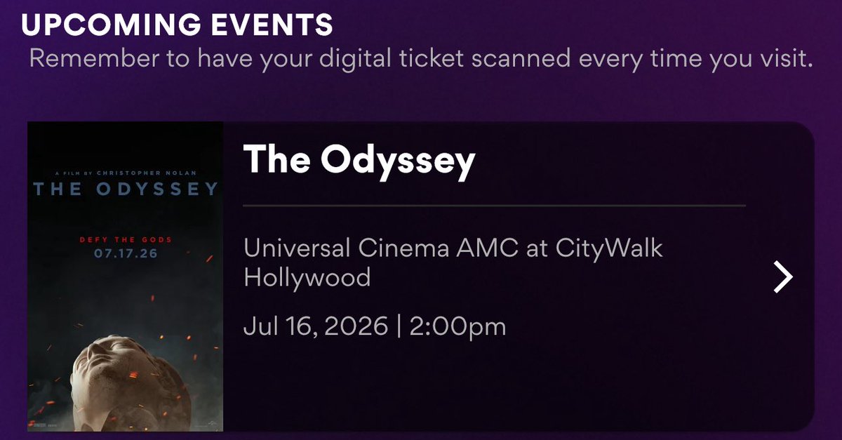 I got them!!!! I can’t believe it!!!! #TheOdyssey in <a href="/IMAX/">IMAX</a> 70mm on Thursday at 2:00pm!

… in the same row Christopher Nolan sits at Universal CityWalk too.

Do I need to assign these tickets to a beneficiary in my will? Let’s prey to the Greek gods I don’t drop dead in a year.