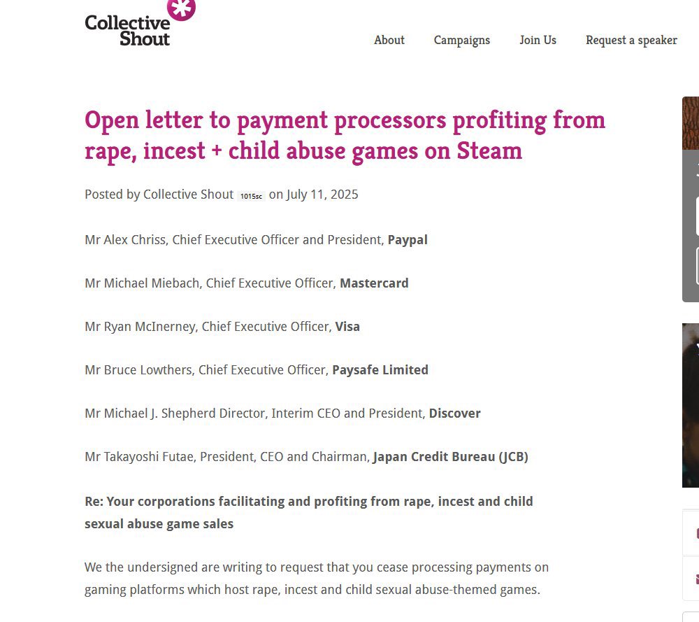 More information becomes apparent.

It seems a fringe Feminist group “Collective Shout”, the same group who got a game called “No Mercy” taken down from Steam not too long ago…was one of the groups hard pushing for the mass banning and delisting of various other games they deem