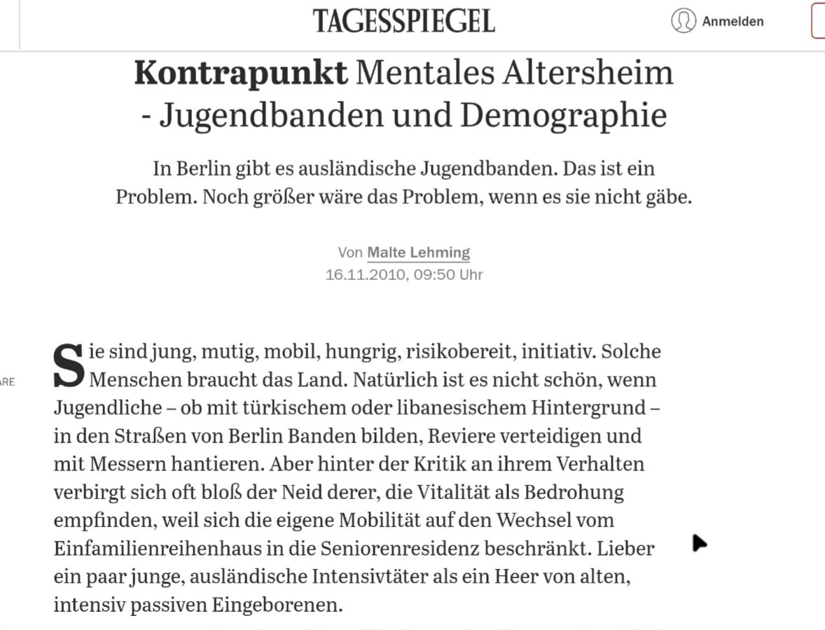 9Incide's tweet photo. Art Laurin
@9Incide
·
Ich bin #Berliner das 

#Jugendbanden 

#Messerproblem

existiert seit Jahrzehnten

#AfD #Rechte
nicht einmal #Antifa (nimmt den #Hammer #LinaE #MajaT)
oder
Deutsche etwa 64 Millionen Restbürger stechen zu

#Täter 
#Herkunft
bekannt 
Tagesspiegel 16.11.2010 https://t.co/WagAuR4TeB