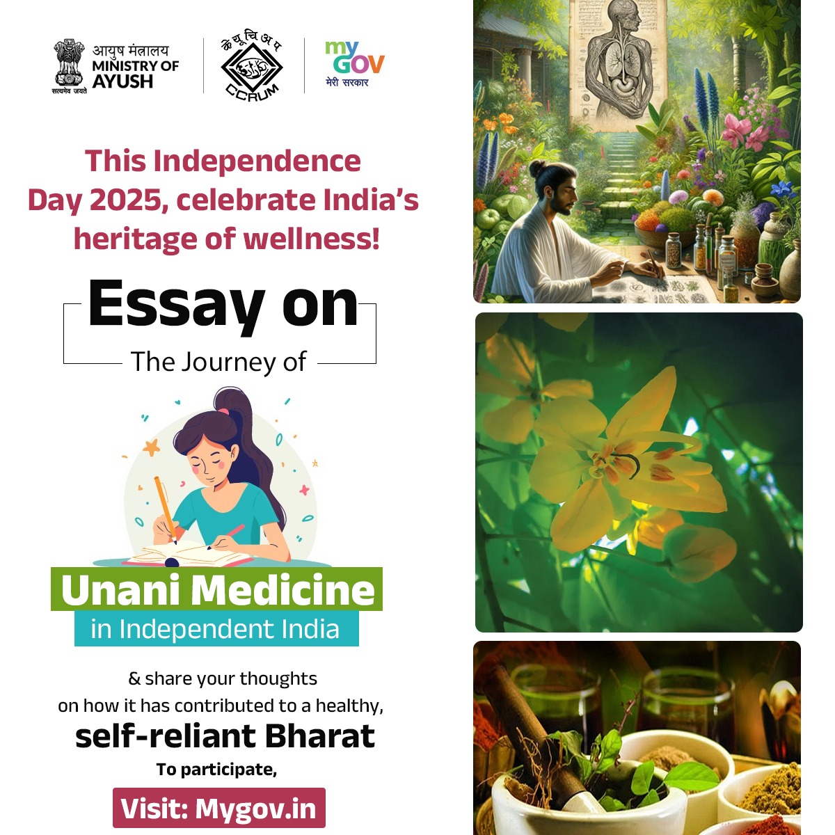 MyGovIndia (@mygovindia) on Twitter photo Got a way with words and a love for India’s traditional medicine? 🌿🖋️
Participate in the Essay Contest on "The Journey of Unani Medicine in Independent India"
Visit: mygov.in/task/essay-jou…
#UnaniMedicine
#EssayContest
<a href="/moayush/">Ministry of Ayush</a> Got a way with words and a love for India’s traditional medicine? 🌿🖋️
Participate in the Essay Contest on "The Journey of Unani Medicine in Independent India"
Visit: mygov.in/task/essay-jou…
#UnaniMedicine
#EssayContest
<a href="/moayush/">Ministry of Ayush</a>