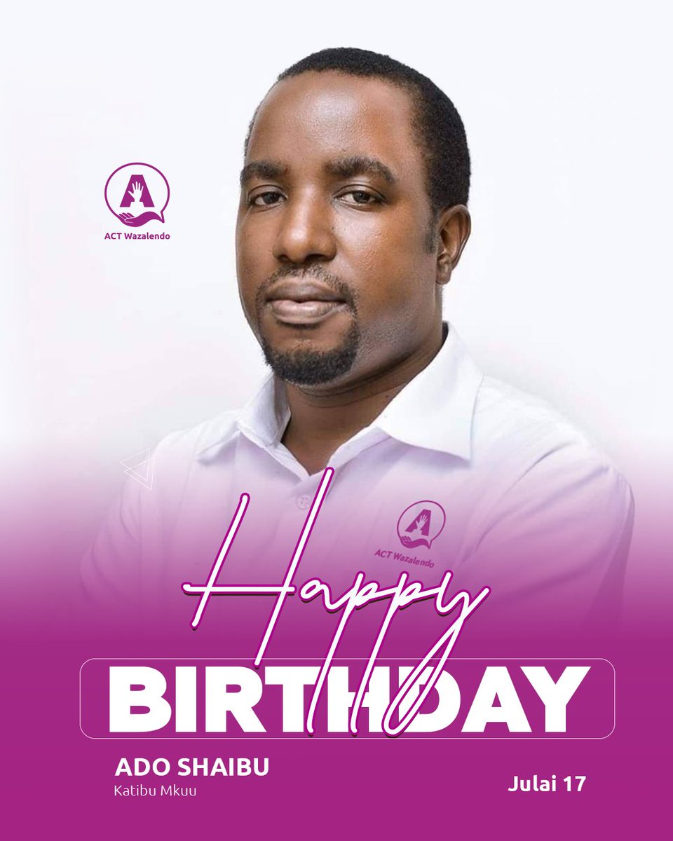 ACTWazalendo (@actwazalendo) on Twitter photo Leo! Ni kumbukumbu ya kuzaliwa Katibu Mkuu wa chama chetu cha <a href="/ACTwazalendo/">ACTWazalendo</a>, Ndugu <a href="/AdoShaibu/">Ado Shaibu</a>.
Sote tunamtakia kila heri na baraka anapoadhimisha siku hii adhimu kwake. Leo! Ni kumbukumbu ya kuzaliwa Katibu Mkuu wa chama chetu cha <a href="/ACTwazalendo/">ACTWazalendo</a>, Ndugu <a href="/AdoShaibu/">Ado Shaibu</a>.
Sote tunamtakia kila heri na baraka anapoadhimisha siku hii adhimu kwake.
