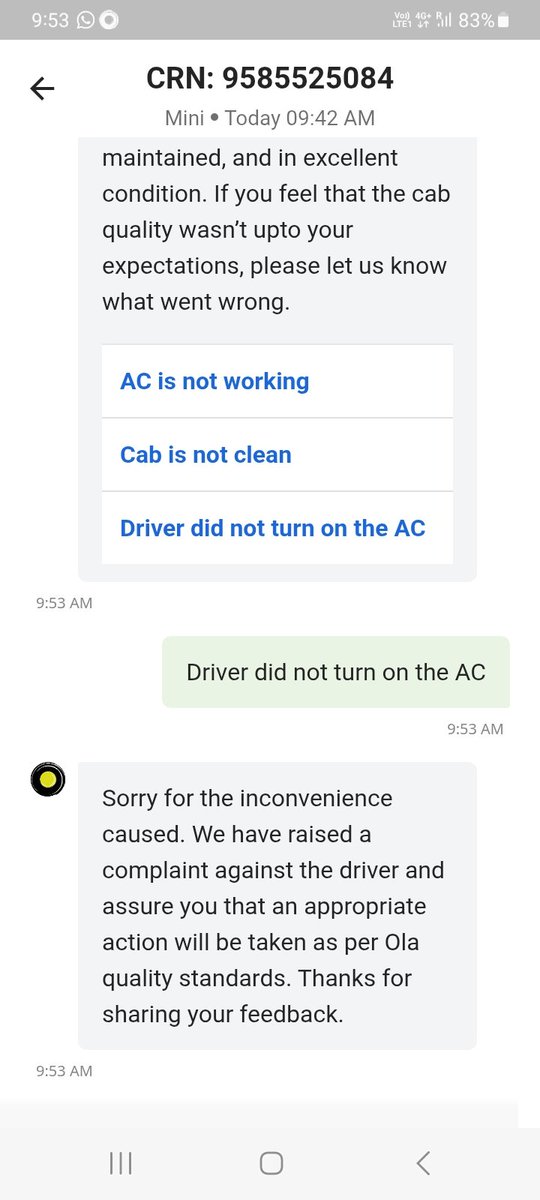 ravifresh's tweet photo. @Olacabs @ola_supports Booked Mini. Driver did not start AC stating Mini does not have AC. In app support is not at all useful. Please look into this and either call the driver immediately and ask him to do the needful https://t.co/l9ne1fwVvY