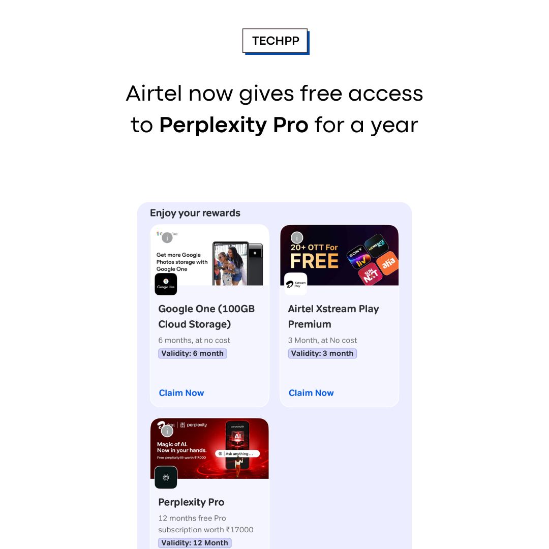 techpp's tweet image. Airtel now gives free access to Perplexity Pro for a year

#Airtel #PerplexityPro #GPT4 #ClaudeAI #GeminiAI #AItools