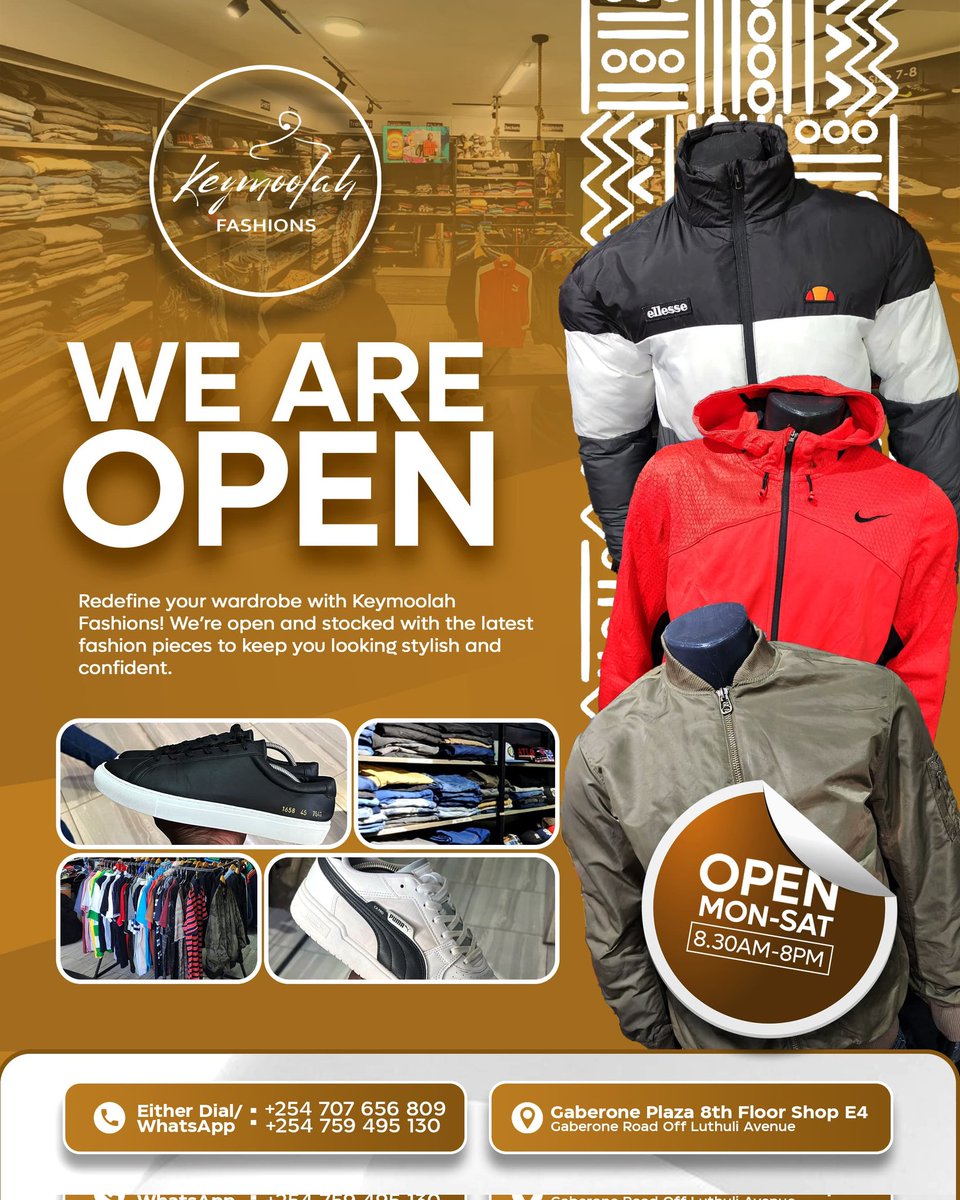 osoroKE's tweet photo. What are you selling today?

When you visit Suite E4 on the 8th Floor of Gaberone Plaza, you will find us fully stocked with men's wear at UNBEATABLE prices!

We are reachable via 0707656809, doing deliveries countrywide. https://t.co/WEAuGx1gIo