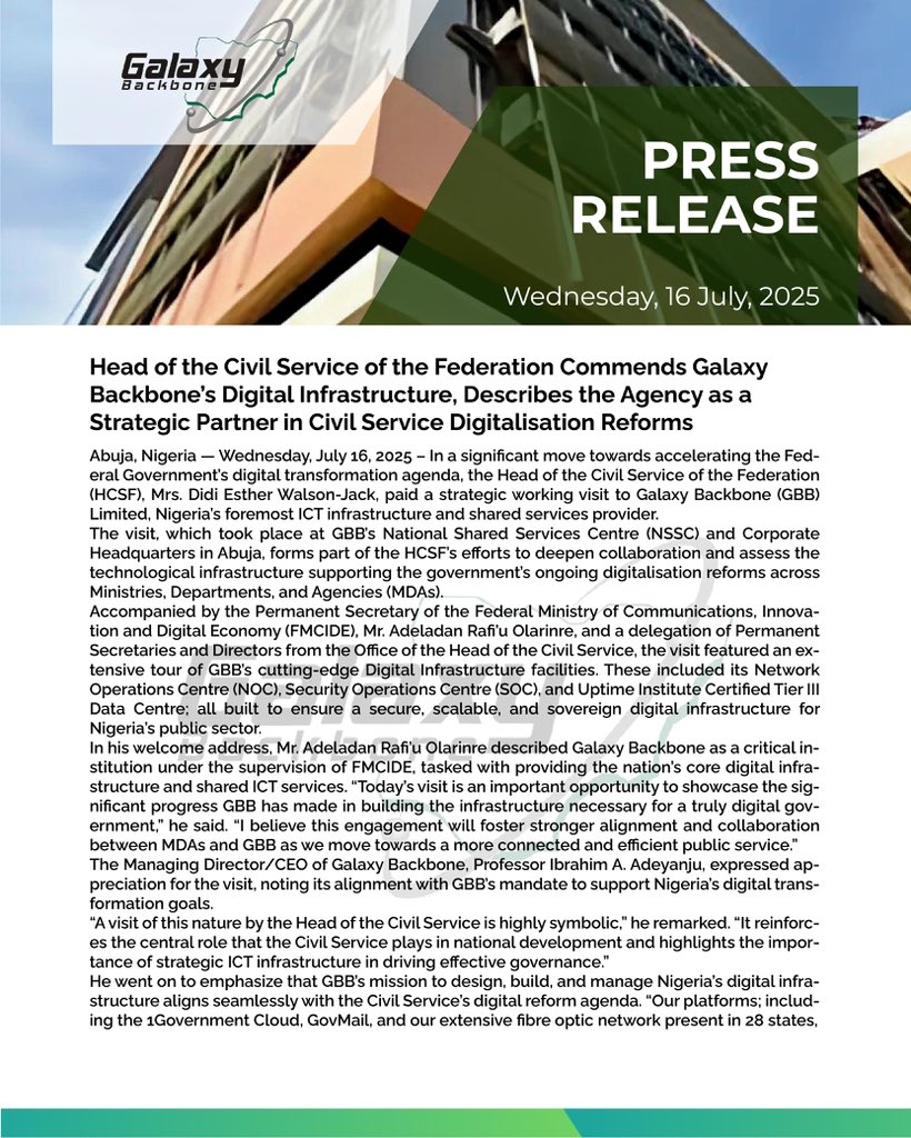 Galaxybackbone's tweet image. Press Release: Head of The Civil Service of the Federation Commends GBB and Confirms Galaxy Backbone As Strategic Partners In Its Civil Service Digitalisation Reforms.
#digitaltransformationjourney
#enablingdigitalservices
@IbrahimAdeyanju @OlumbeAKinkugbe @HonSegunOlulade
