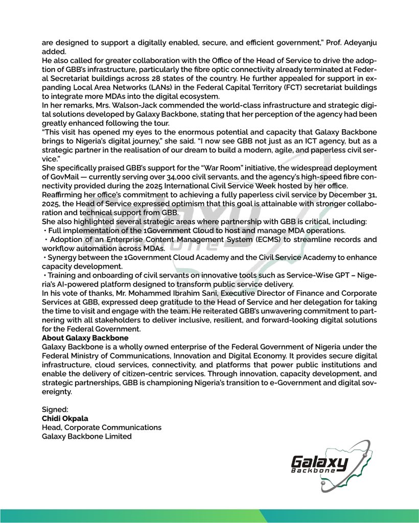 Galaxybackbone's tweet image. Press Release: Head of The Civil Service of the Federation Commends GBB and Confirms Galaxy Backbone As Strategic Partners In Its Civil Service Digitalisation Reforms.
#digitaltransformationjourney
#enablingdigitalservices
@IbrahimAdeyanju @OlumbeAKinkugbe @HonSegunOlulade