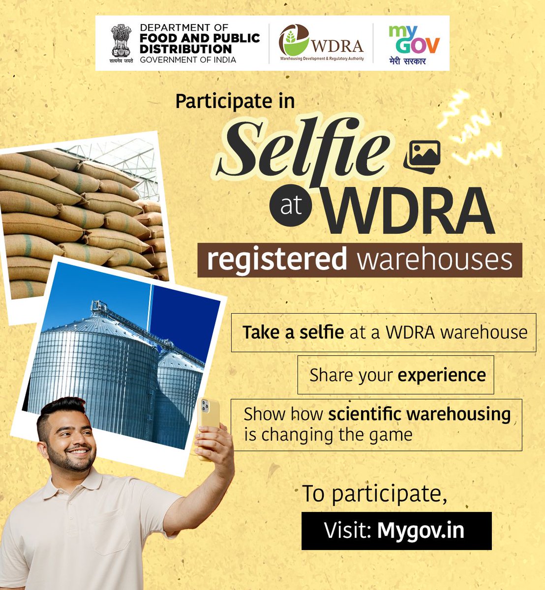 MyGovIndia (@mygovindia) on Twitter photo Snap it. Share it. Win it.
Take a selfie at WDRA Registered Warehouses and stand a chance to win exciting prizes
Visit: mygov.in/task/selfie-wd…
#WDRA
#ViksitBharat
<a href="/fooddeptgoi/">Department of Food & Public Distribution</a> Snap it. Share it. Win it.
Take a selfie at WDRA Registered Warehouses and stand a chance to win exciting prizes
Visit: mygov.in/task/selfie-wd…
#WDRA
#ViksitBharat
<a href="/fooddeptgoi/">Department of Food & Public Distribution</a>