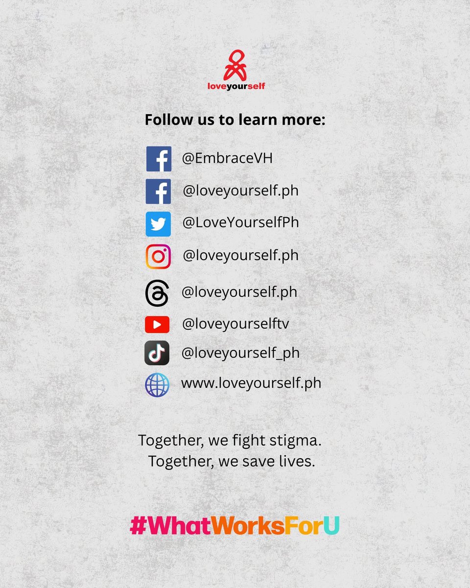 Hindi na kailangan ng appointment para sa libreng HIV testing at PrEP enrollment sa kahit saang LoveYourself hub!

For ARV treatment or GAHT consults, appointments are still required to keep our doctors' schedules organized. 

Visit a hub near you or message Embrace Virtual Hub