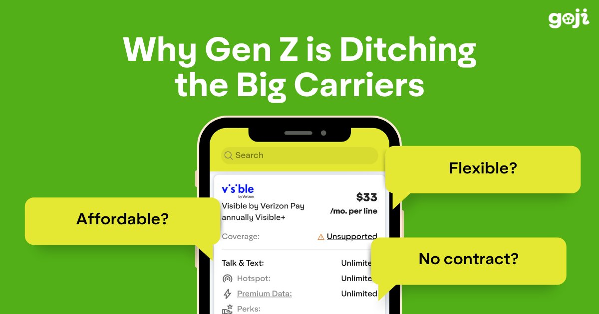 🚨 Gen Z is done with overpriced phone plans.

They’re switching to cheaper, smarter options—like Mint Mobile, Visible, and US Mobile—and Goji makes it ridiculously easy to compare and switch in minutes.

Read more: gojimobile.com/blog/gen-z-dit…

#MVNO #GenZ #Goji #BestPhonePlans