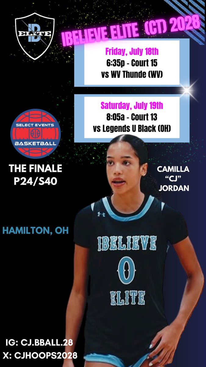 Camilla Jordan | 2028 G/F (@cjhoops2028) on Twitter photo Final runs of the summer ➡️ Hamilton, OH 🧊
@ibelieveelite__girls ready for live period matchups:
📅 7/18 – 6:35p vs WV Thunder (Court 15)
📅 7/19 – 8:05a vs Legends U Black (Court 13)
Let’s finish what we started. 🏀
#AgentZeroChill | <a href="/SelectEventsBB/">Select Events Basketball</a> Final runs of the summer ➡️ Hamilton, OH 🧊
@ibelieveelite__girls ready for live period matchups:
📅 7/18 – 6:35p vs WV Thunder (Court 15)
📅 7/19 – 8:05a vs Legends U Black (Court 13)
Let’s finish what we started. 🏀
#AgentZeroChill | <a href="/SelectEventsBB/">Select Events Basketball</a>