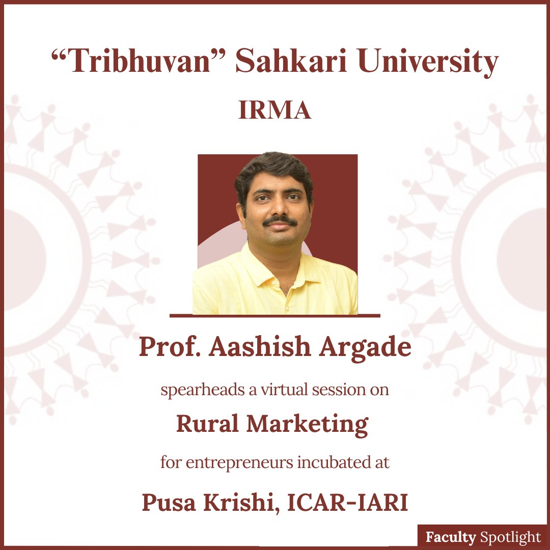 Institute of Rural Management Anand (IRMA) (@irmaofficial79) on Twitter photo Prof. Aashish Argade, #IRMA #TribhuvanSahkariUniversity, was invited to conduct a virtual session on Rural Marketing for startup entrepreneurs incubated at <a href="/PusaKrishi/">Pusa Krishi</a> as part of Pusa Krishi, ICAR- IARI’s flagship incubation program 2025.
irma.ac.in/news/1702
#RuralMarketing Prof. Aashish Argade, #IRMA #TribhuvanSahkariUniversity, was invited to conduct a virtual session on Rural Marketing for startup entrepreneurs incubated at <a href="/PusaKrishi/">Pusa Krishi</a> as part of Pusa Krishi, ICAR- IARI’s flagship incubation program 2025.
irma.ac.in/news/1702
#RuralMarketing