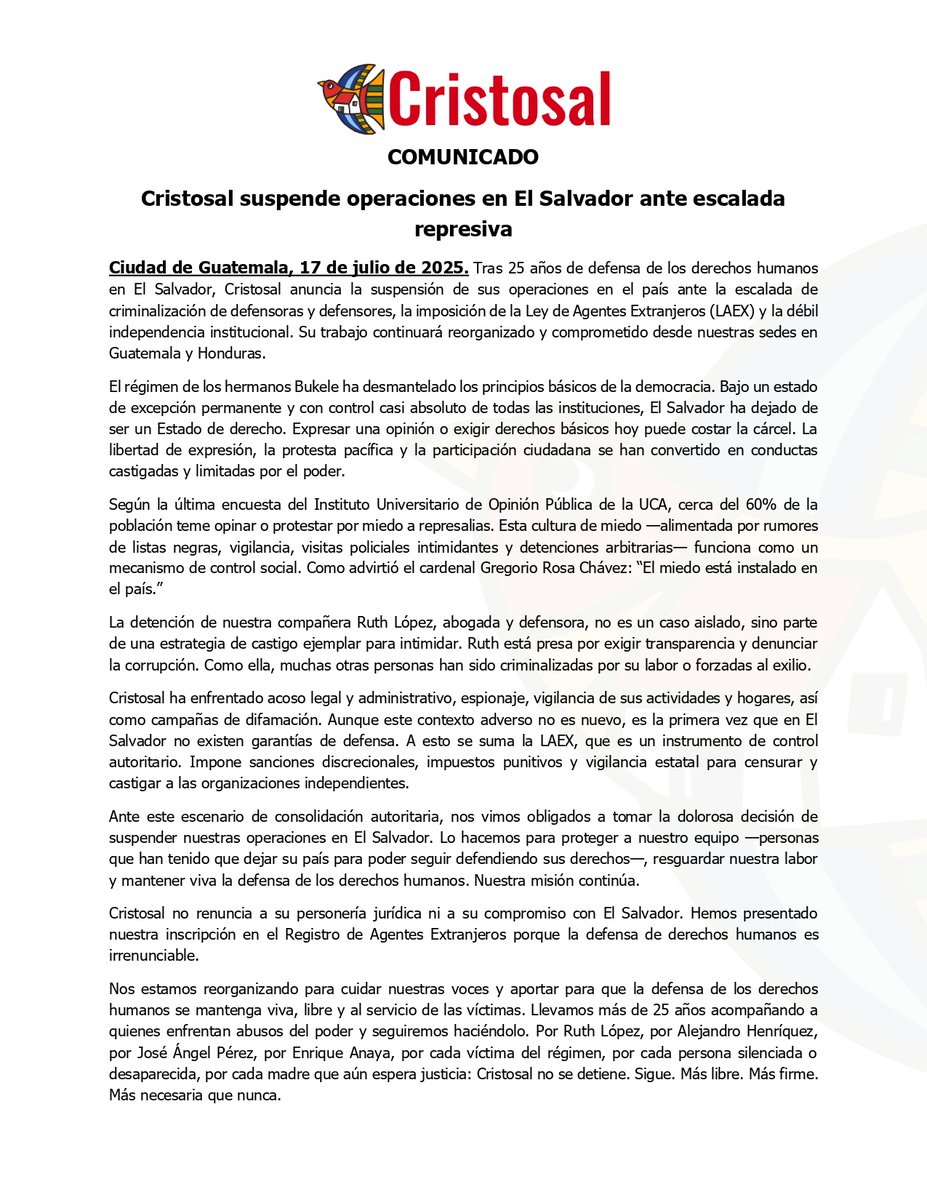 📢 #ComunicadoCristosal | Tras 25 años de trabajo en El Salvador, suspendemos operaciones en el país ante la escalada de criminalización. 

Nuestra labor continúa, reorganizada y comprometida, desde Guatemala y Honduras. 

Para más información. ⬇️ #CristosalNoSeDetiene
