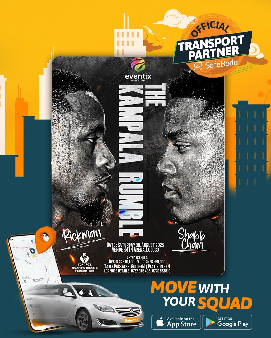 RickmanManrick's tweet image. SafeBoda is the official Transport Partner
Pull up in style Pull up safe on 30th August
For biggest fight ”The Kampala Rumble”
