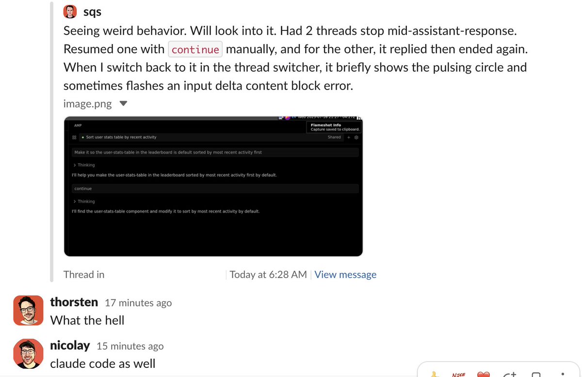 thorstenball's tweet image. Three of us (and customers) noticed basically at the same time that Claude was behaving weirdly: stops mid-sentence, doesn&apos;t return anything, feels &quot;lazy&quot;.

20min later we&apos;re rolling out a switch to GCP Vertex and we&apos;re back. Here comes the tokens!