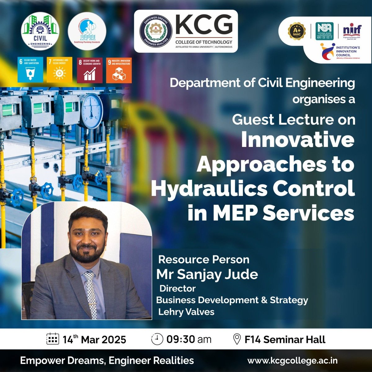 IicKcg's tweet image. A big thank you to Mr. Sanjay Jude, Director of Business Development &amp;amp; Strategy at Lehry Valves, for delivering an insightful guest lecture on &apos;Innovative Approaches to Hydraulics Control in MEP Services. #Innovation #Hydraulics #MEPServices #CivilEngineering #KCGExcellence