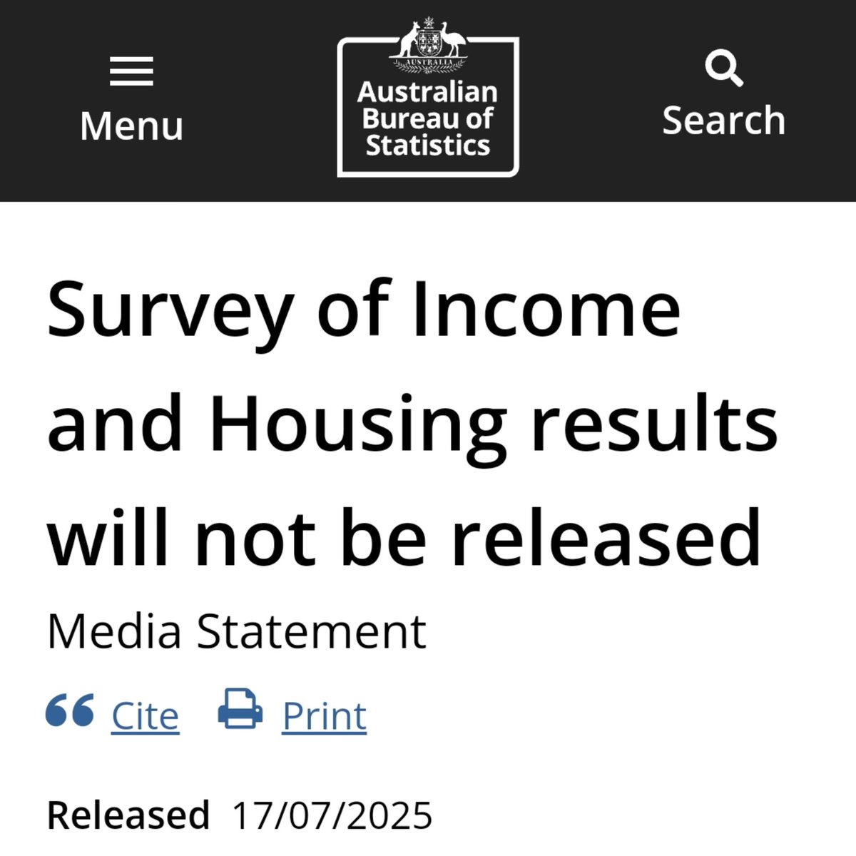 arbsmichael's tweet image. The @ABSStats (ABS) advised today that they will not release statistics from the 2023-24 Survey of Income and Housing (SIH) due to ‘data collection issues’.

The data did not meet the ABS’ standards for official statistics and will not be released.

Deputy Australian…