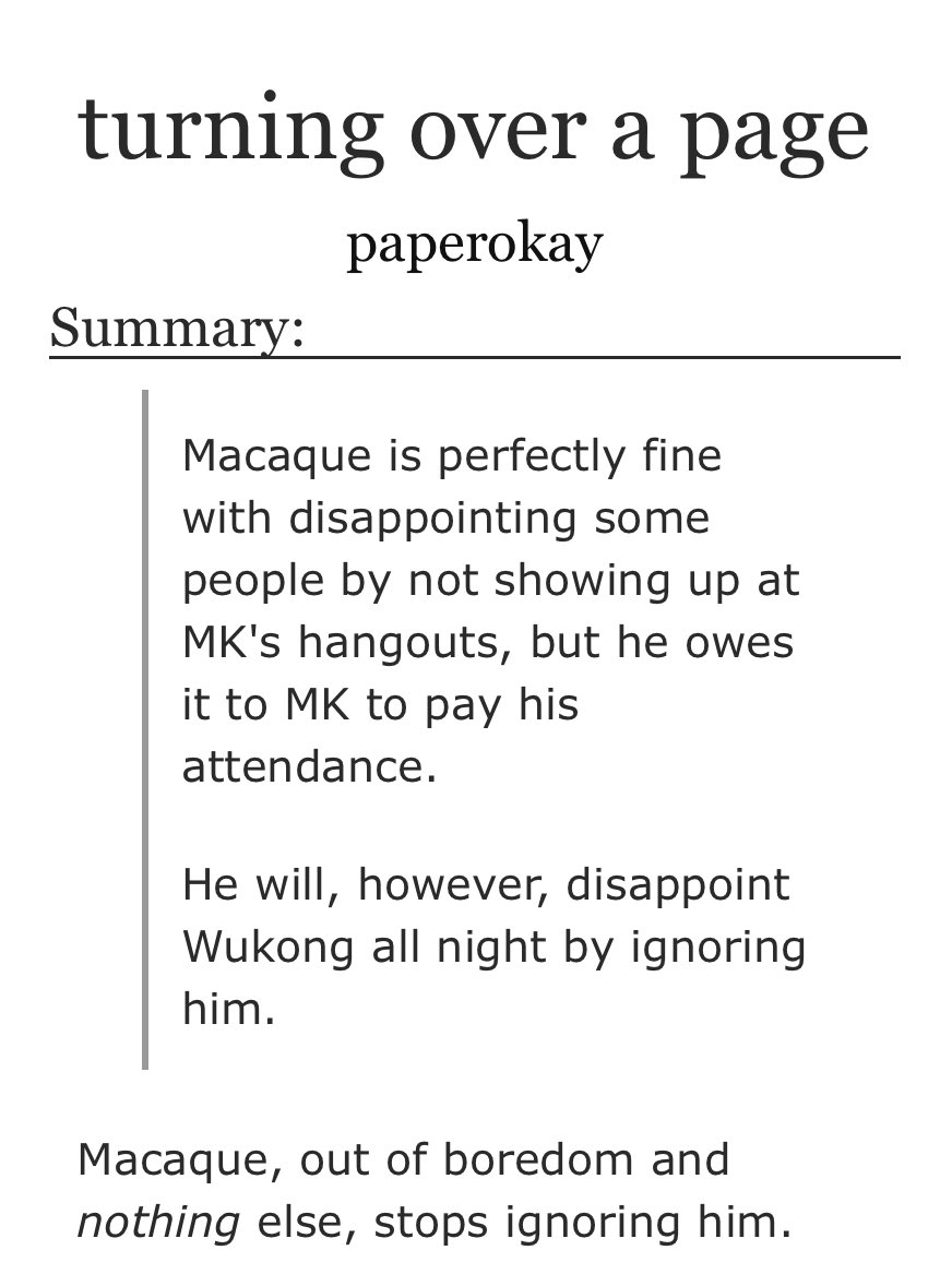 LMK_FanficRecs's tweet image. Fic of the day(269): turning over a page by paperokay on Ao3
-Oneshot
-Gen rating
-Shadowpeach (ish)
Macaque starts up a convo with Wukong at a gathering. Surprisingly the world didn’t end.
Link: archiveofourown.org/works/46182016…
#LEGOMonkieKid #shadowpeach