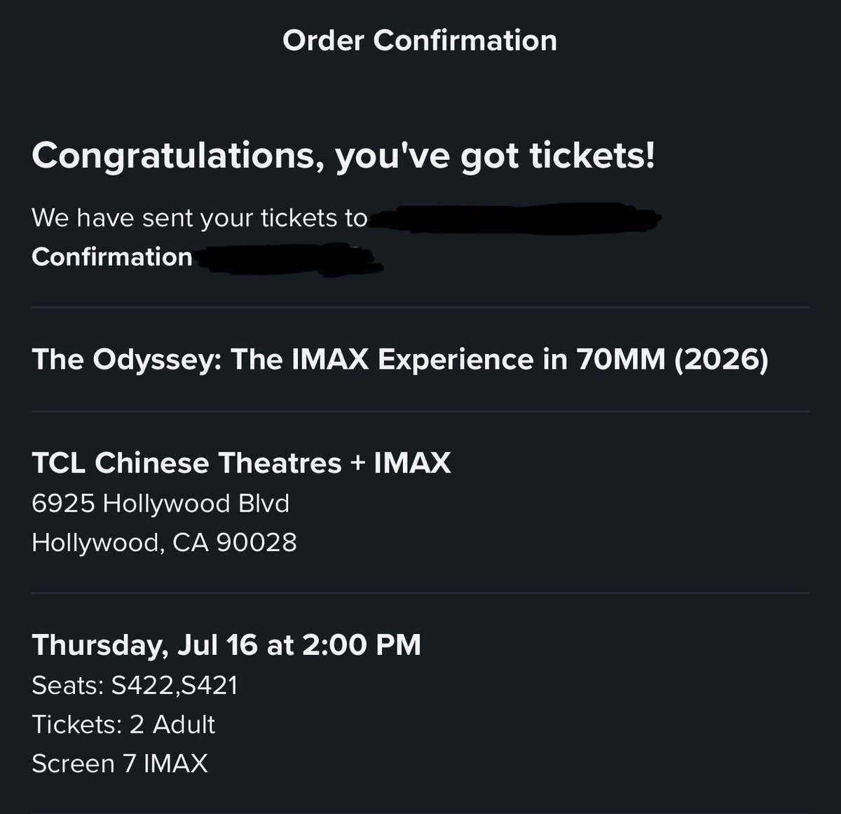 TheDragonRider's tweet photo. By some miracle, I made it before all the sites started crashing and got my 2 tickets to see the very first screening of “The Odyssey” in 70MM IMAX at the @ChineseTheatres next year!

Already have it in my calendar and am declining all commitments that week 😎 https://t.co/bhsy1JrqE0