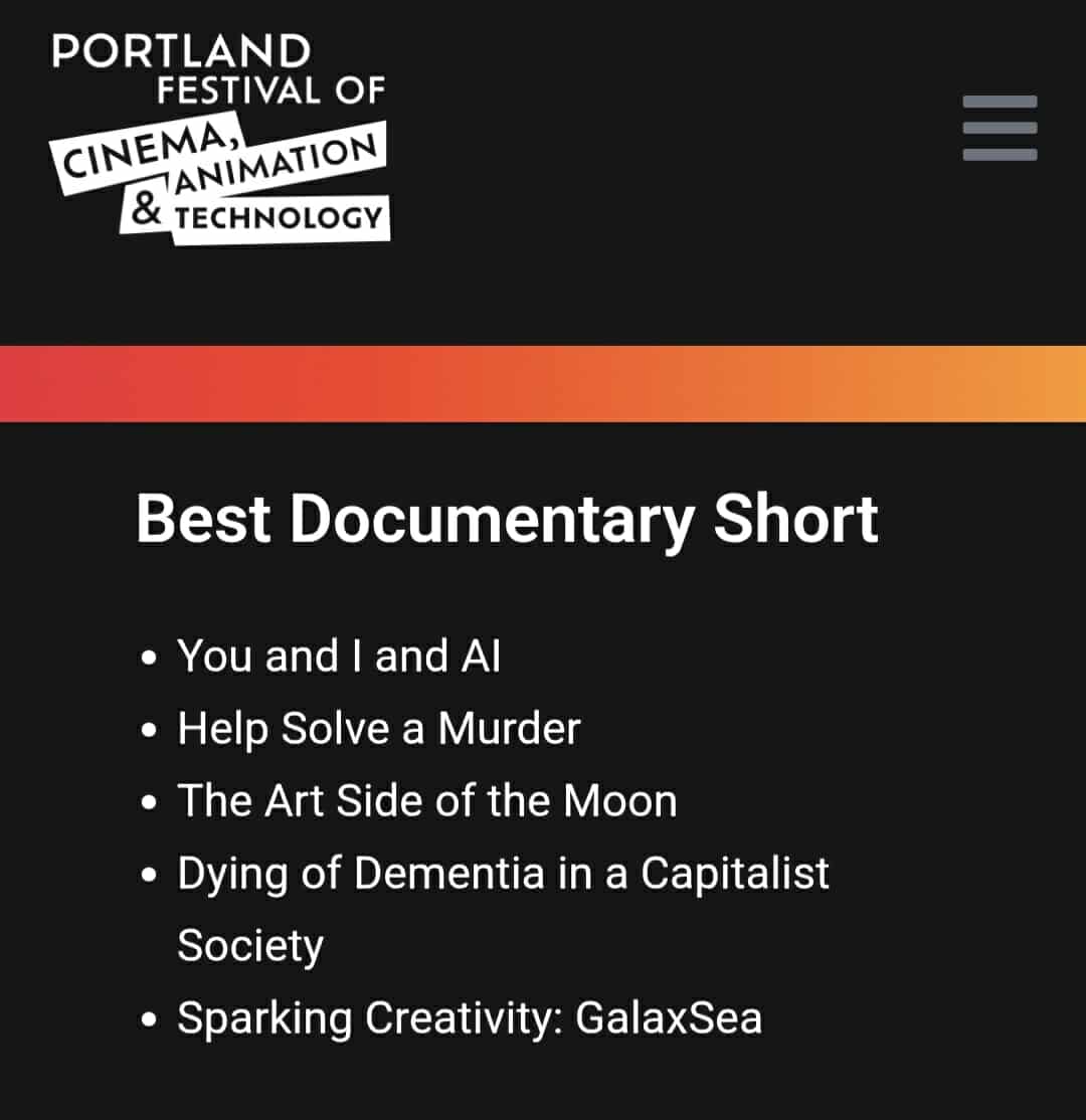 Samuel Peralta, PhD (@semaphore) on Twitter photo At the Portland Festival of Cinema, Animation, and Technology., THE ART SIDE OF THE MOON, the #LunarCodex documentary, is nominated for Best Documentary Short!
Congratulations all, including #LunarCodex artists all over the world whose dreams are reflected in this amazing film! At the Portland Festival of Cinema, Animation, and Technology., THE ART SIDE OF THE MOON, the #LunarCodex documentary, is nominated for Best Documentary Short!
Congratulations all, including #LunarCodex artists all over the world whose dreams are reflected in this amazing film!