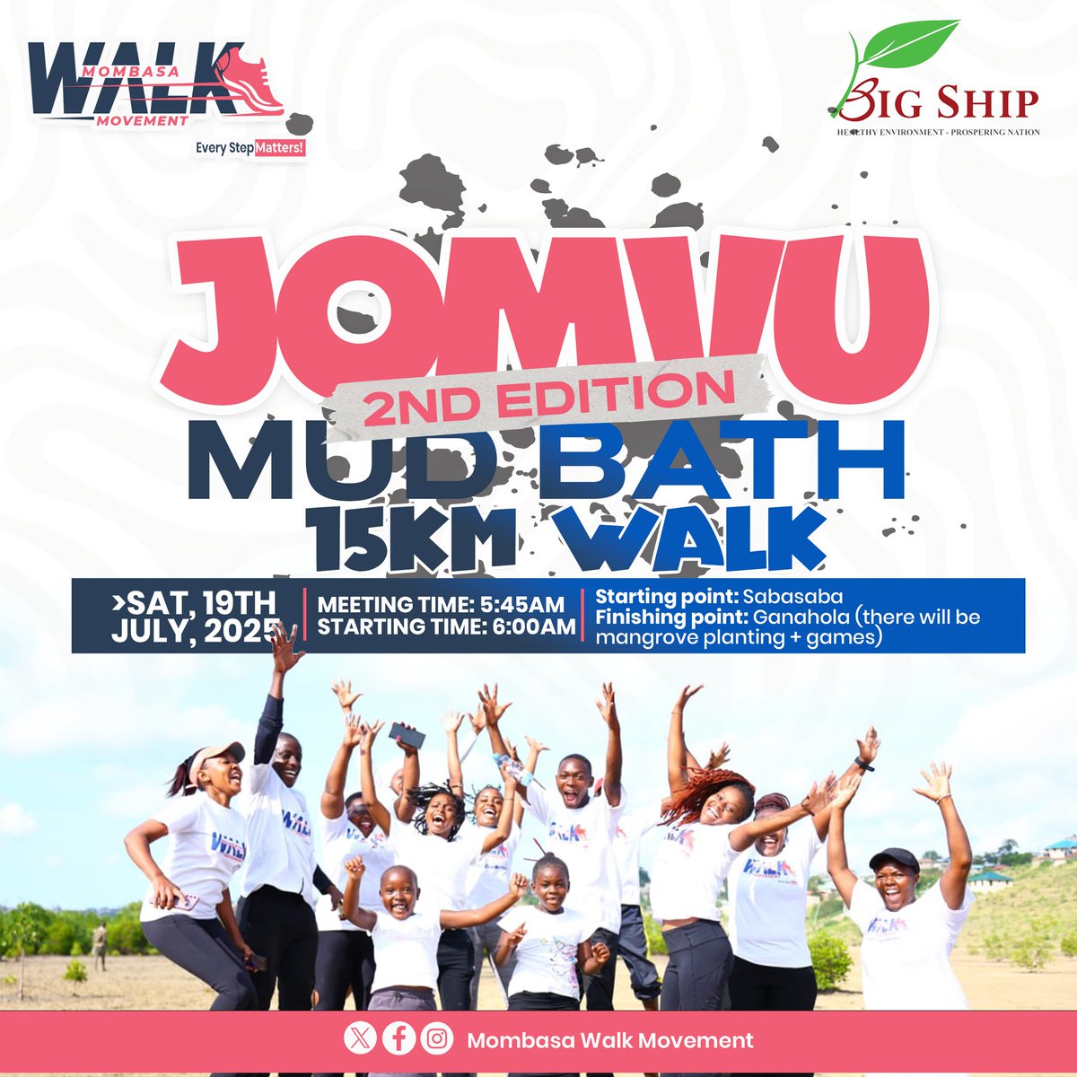 MsaWalkMovement's tweet image. This Saturday, join us for the 15KM Jomvu Mud Bath – 2nd Edition starting from Sabasaba to Ganahola!

We&apos;ll have fun activities in partnership with Big Ship C.B.O including mangrove planting, fun games, and good vibes at the finish point in Ganahola.

So, Tukutane Sabasaba!