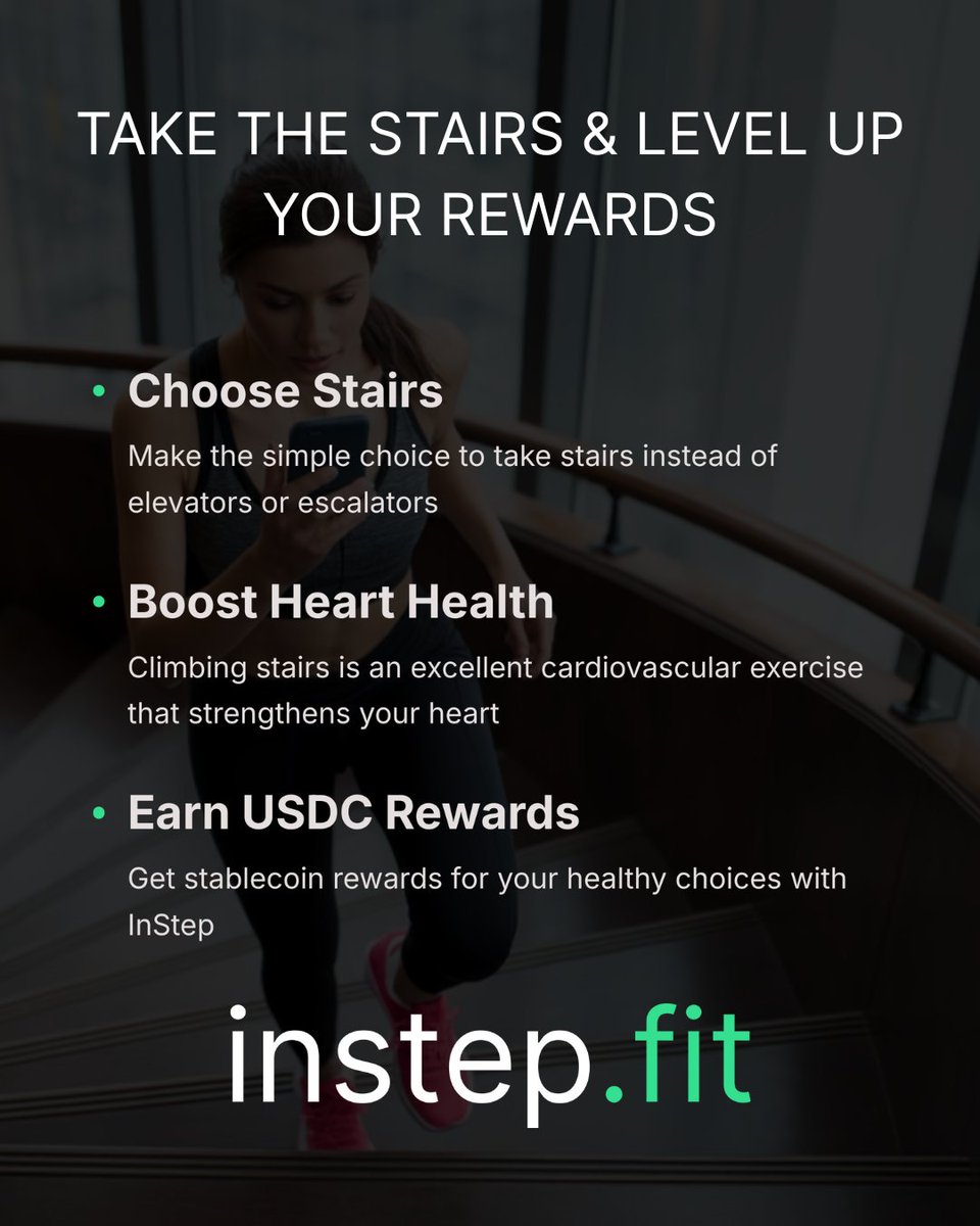 Instep_app's tweet image. TAKE THE STAIRS & LEVEL UP YOUR REWARDS
Download Instep, take the stairs instead of the elevator, boost heart health and USDC rewards
Level up your steps today 👇
invite.instep.fit/?r=INSTEP1