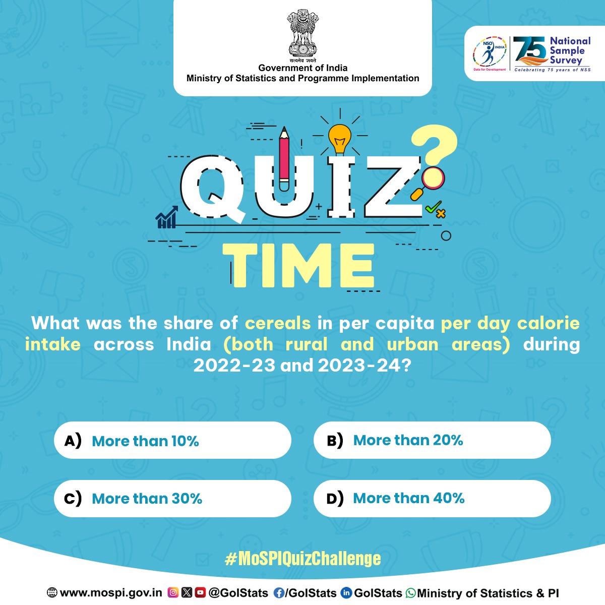 #MoSPIQuizChallenge: Participate in this quiz &amp; test your knowledge.

Quiz - What was the share of cereals in per capita per day calorie intake across India (both rural and urban areas) during 2022-23 and 2023-24?

Watch this space for the correct Answer. To read the report,