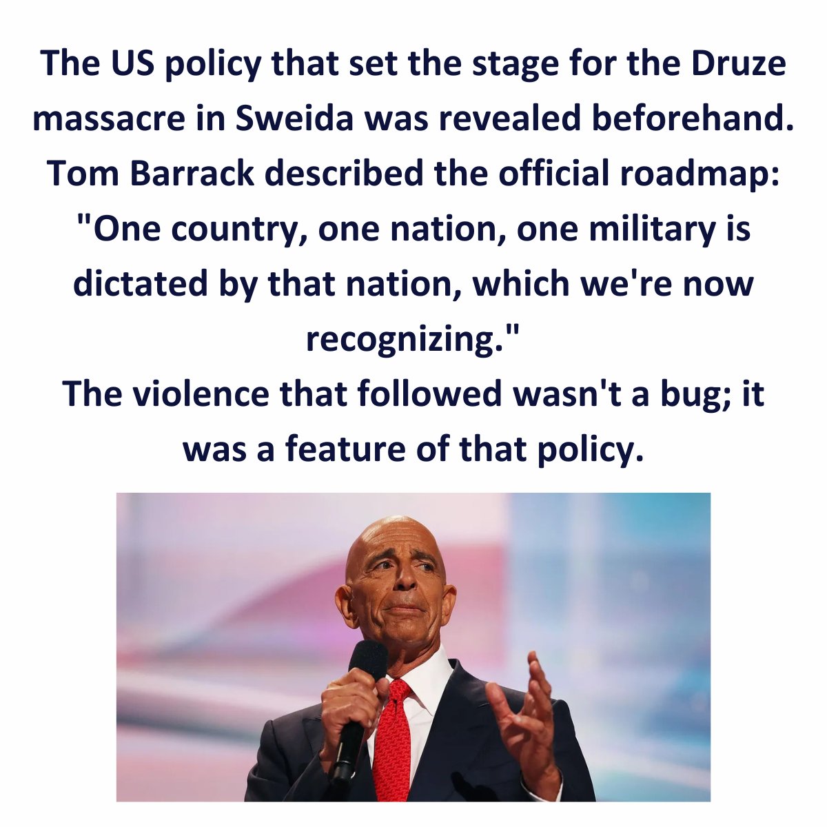 SoranHamarash's tweet image. What's the difference between Tom Barrack's US roadmap and Baathist ideology?
Nothing.
His call for "one nation" is the same slogan that justified the destruction of Syria and set the stage for the massacre of the Druze. #Druze #Syrie @USEmbTurkiye