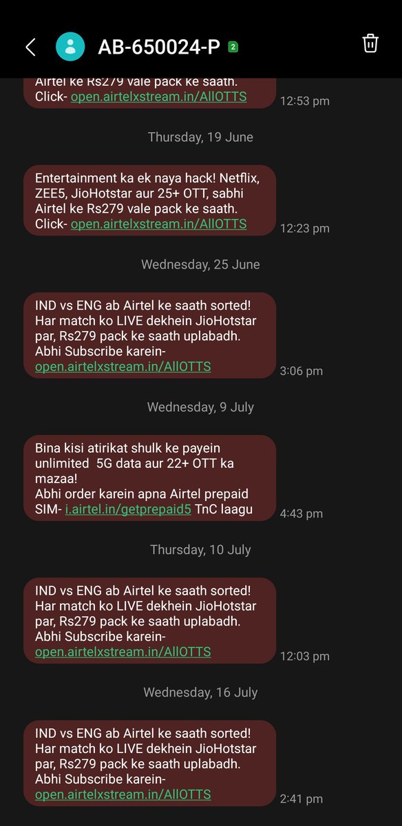 SauravPrince11's tweet photo. Hey Airtel, please stop these type of Promotional Messages on my Number. It's so frustrating and as a student it's very distracting. I'm pAying for this number but seems like Airtel is paying me for your Ads.@airtelindia @Airtel_Presence @airtelnews https://t.co/iBV5K6Mkr1