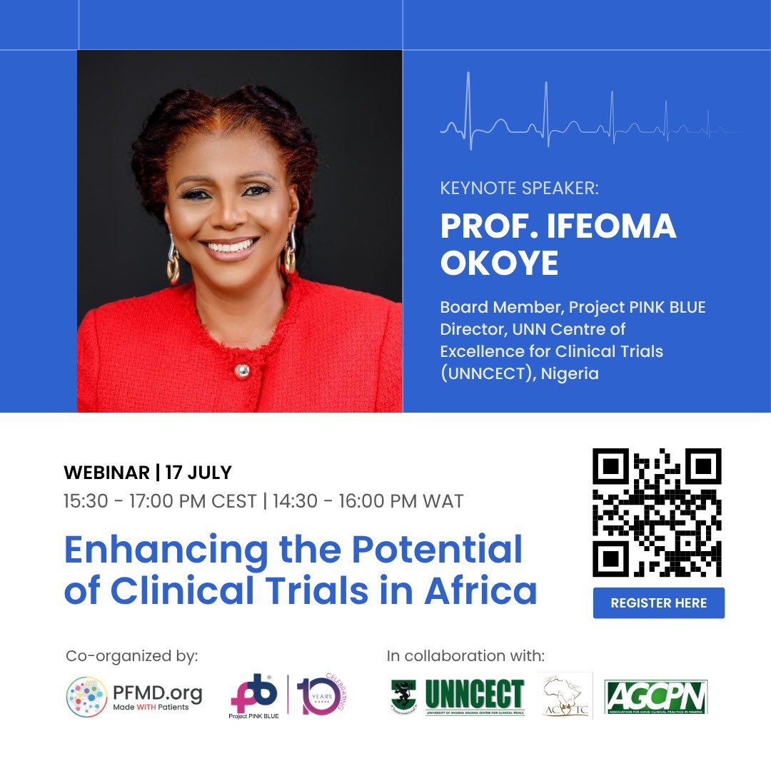 🔔 Webinar Invitation: 17 July (TODAY)
Enhancing the Potential of Clinical Trials in Africa

⏰ 15:30–17:00 CEST | 14:30–16:00 WAT

🌍 This webinar assembles key leaders across the African continent to drive forward a bold agenda for ethical, inclusive, and patient-engaged