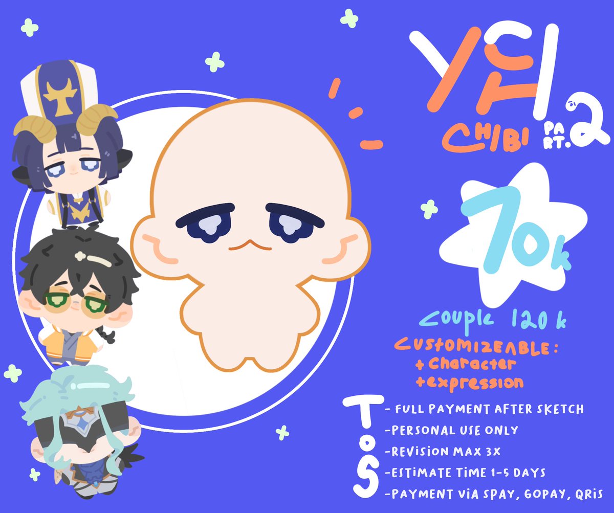 RT, like and share are very appreciated🙂‍↕️

haloo aku open komis chibi YCH baru! local only yah, kalo mau order atau tanya² dulu bolee, bisa ketuk DM😼 thank youu!🌹 Diskon 50% buat 5 slot pertama ia

#opencommission #commissionopen #YCHcommission #artidn #chibiych #zonakaryaid