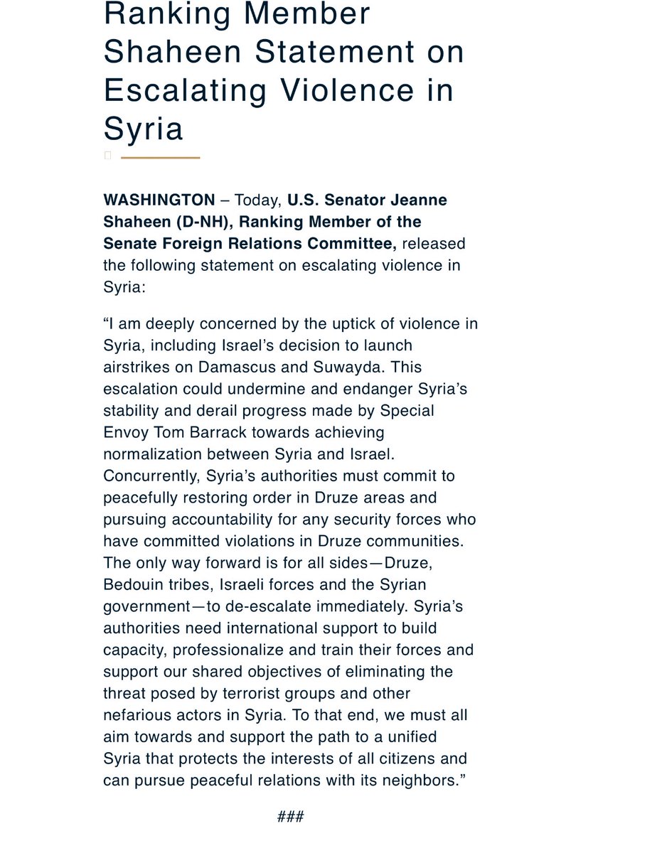 MhdAGhanem's tweet image. عميدةُ الديمقراطيّين في لجنة العلاقات الخارجيّة في مجلس الشيوخ السناتورة جين شاهين @SenatorShaheen @SFRCdems تُصرّح: ((أشعرُ بقلقٍ بالغ إزاءَ تصاعدُ العنفِ في #سورية، بما في ذلكَ قرارُ إسرائيل بشنّ غاراتٍ جوية على #دمشق و #السويداء. قد يقوّضُ هذا التصعيدُ استقرارَ سورية ويعرّضهُ…