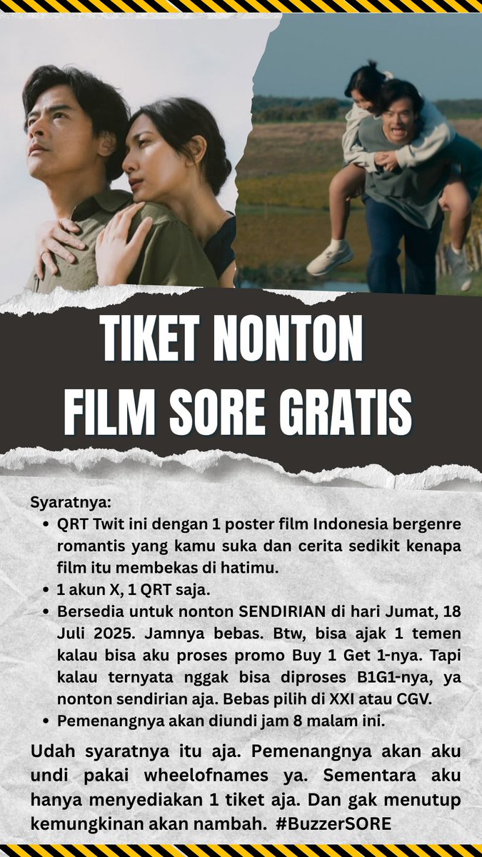 Terinsipirasi dari dulu bagiin tiket #NontonJumboLagi nah aku mau bagi tiket juga untuk film SORE, biar sah jadi #BuzzerSore 😉

Semoga yang ikutan rame, dan ada yang terinspirasi untuk bagi-bagi tiket nonton juga. Bantu RT-nya biar banyak yang tahu dan ikutan, ya!