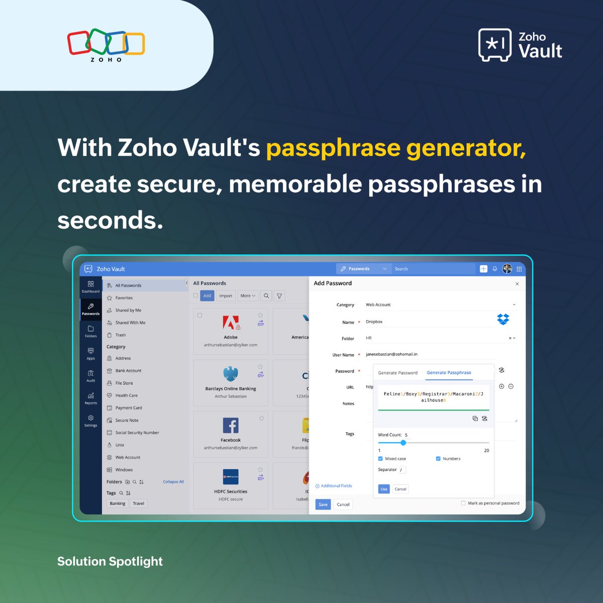ZohoVault's tweet image. Create strong, random passphrases in seconds with Zoho Vault’s passphrase generator. Strong security that’s simple to remember! 💪
🔗 Download now: zurl.co/mXRZG
#SolutionSpotlight #DoMoreWithZohoVault