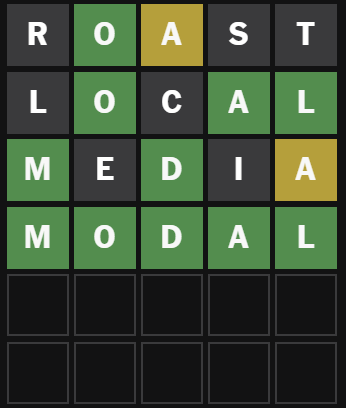 Wordle 1,489 4/6
Feels good

⬛🟩🟨⬛⬛
⬛🟩⬛🟩🟩
🟩⬛🟩⬛🟨
🟩🟩🟩🟩🟩