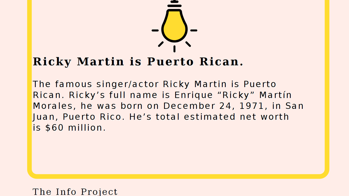 FunFactProject's tweet photo. Fun fact! 🎉 Ricky Martin, the iconic singer &amp; actor, is Puerto Rican!  Born Enrique Martín Morales on December 24, 1971, in San Juan.  His estimated net worth? $60 million! 🤩 https://t.co/wQN7vOKtGA