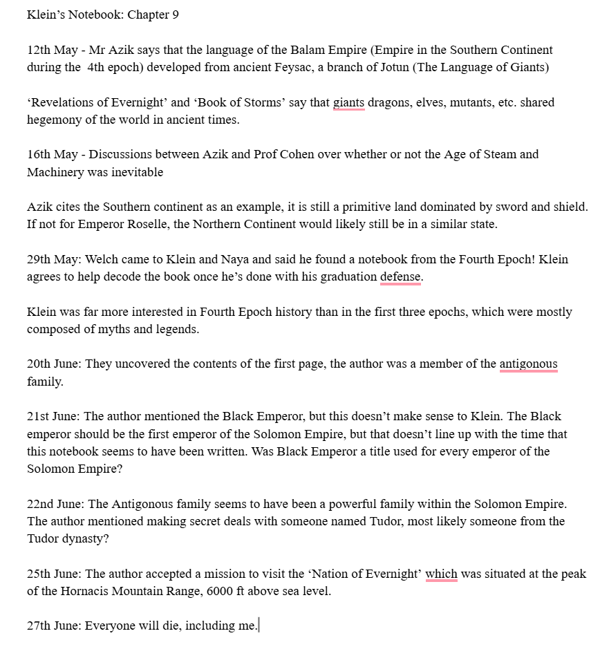 ZaverrrS's tweet photo. @amilnal @RBanglaED_Boi I've recently started a re-read so I've been taking some non-spoiler notes. Here as some notes on the Antigonous Family notebook, Klein's diary, and what Klein knows about the Fourth Epoch. https://t.co/1Rh3emQaD8